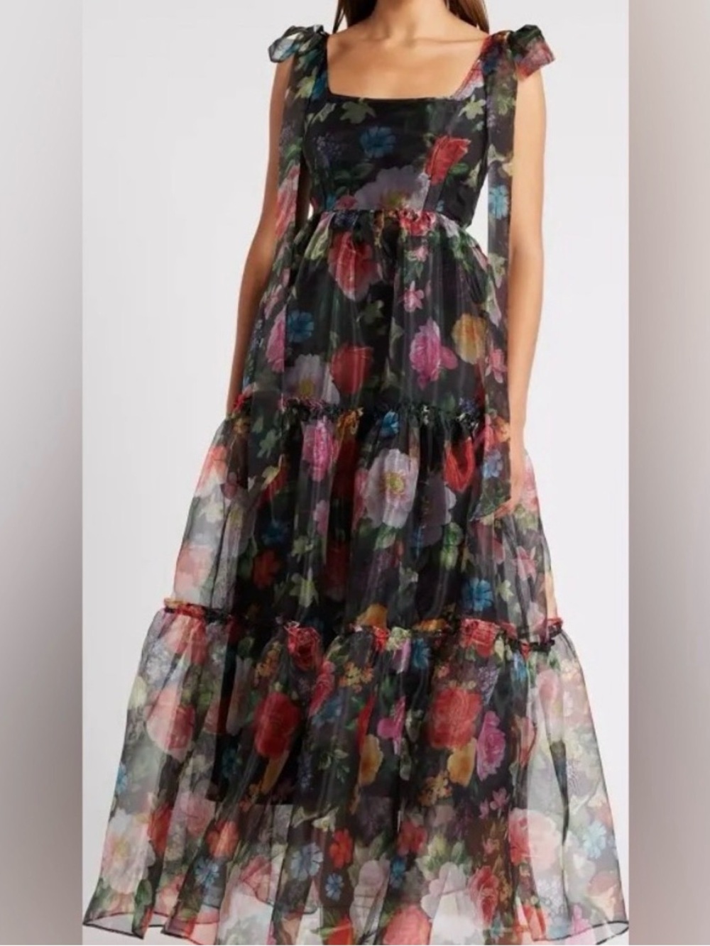 Chelsea & Zoe Black Floral Tiered Maxi Dress with Tie Straps
